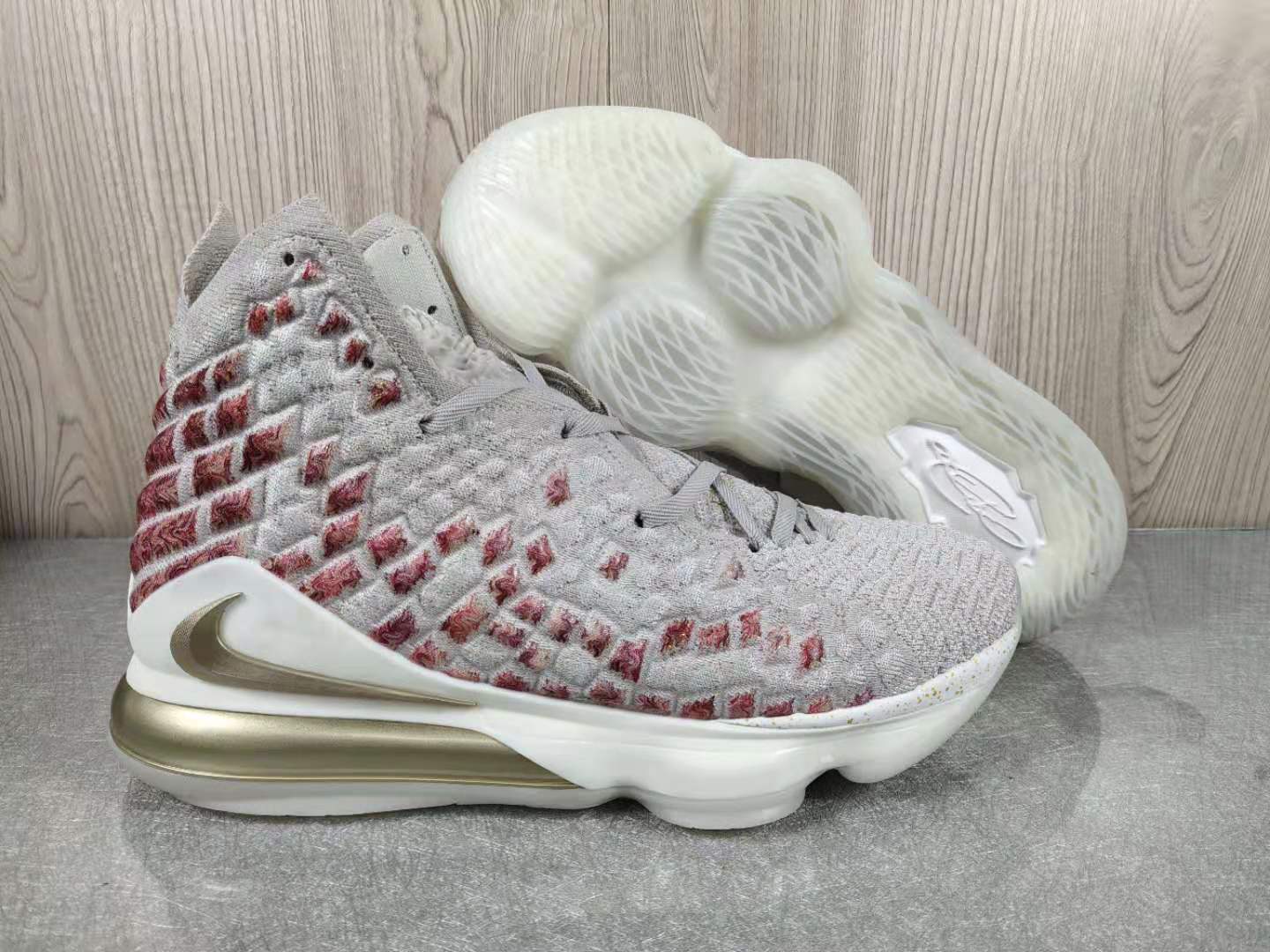 New Nike LeBron 17 Grey Wine Red Gold Shoes